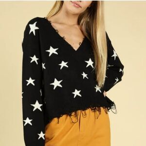 Wild Honey Black & White Star Print Crop Fringe Distressed Sweater Top L